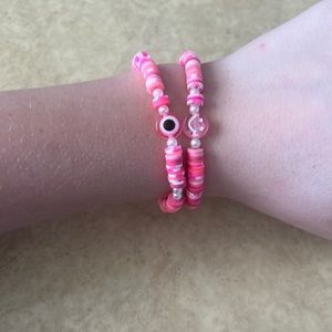Mixed match pink smiley face and evil eye handmaid clay bead bracelets